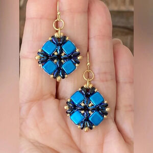 Handmade Unique Blue & Gold Czech Glass Bead Earrings